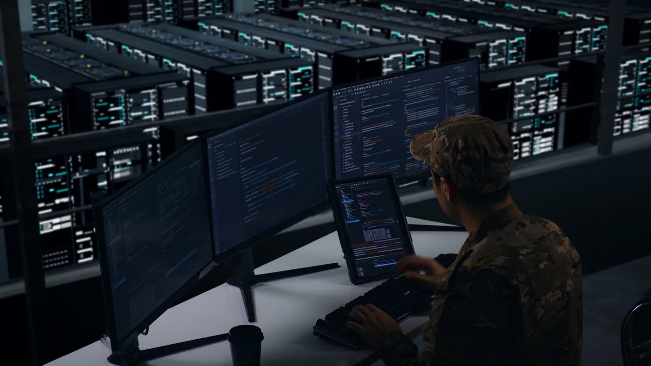 Side View Of Asian Military Working With Tablet While Write Code With Multiple Computer Screens In Data Center