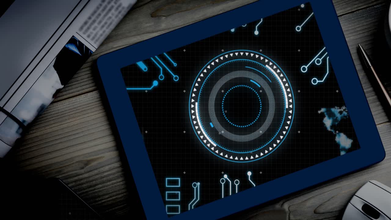 Animation of motherboard and circular scanner processing data on screen of tablet on desk