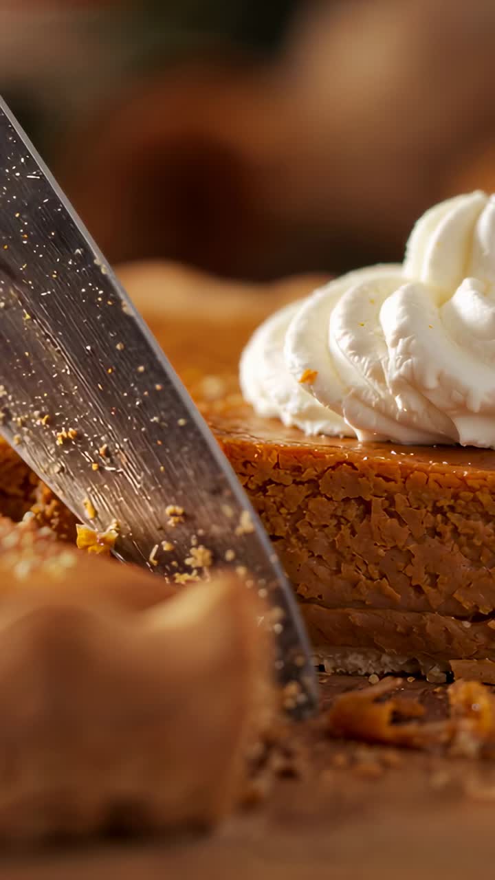 Vertical video: Cutting hand bringing knife contacting tart edge on board, cream rosette portioning