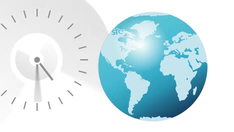 animación del globo terráqueo y el reloj con manecillas móviles