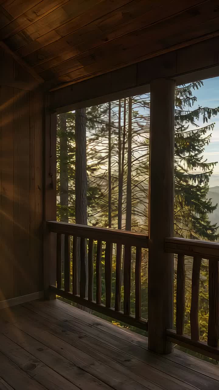 Vertical video: Casting low sun sweeping across porch ceiling, revealing fir trunks through railing
