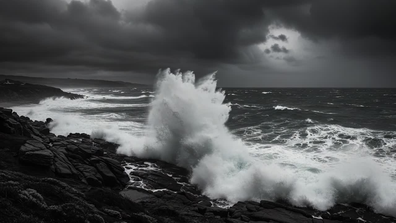 A Dramatic Confrontation Between Turbulent Ocean Waves and Brooding Storm Clouds, Capturing Nature's Raw Power and the Chaotic Beauty of Coastal Landscapes