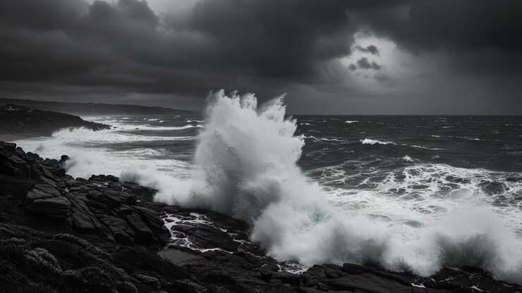 Une confrontation dramatique entre les vagues océaniques turbulentes et les nuages d'orage menaçants, capturant la puissance brute de la nature et la beauté chaotique des paysages côtiers