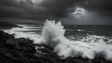 a dramatic confrontation between turbulent ocean waves and brooding storm clouds, capturing nature's raw power and the chaotic beauty of coastal landscapes