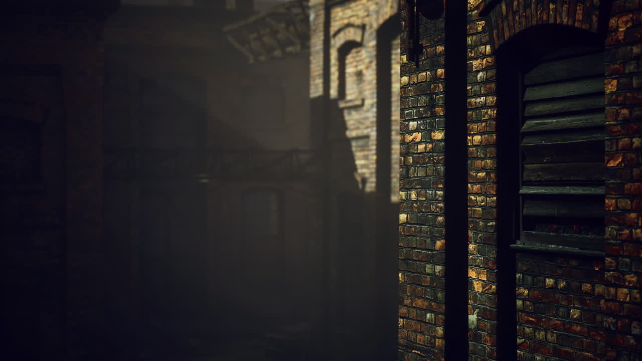 Shadows and light dance in an old brick alley during evening twilight