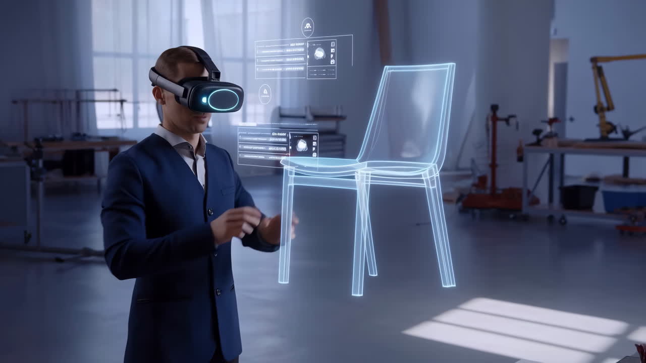 Man Using VR Headset to Interact with Holographic 3D Chair Model