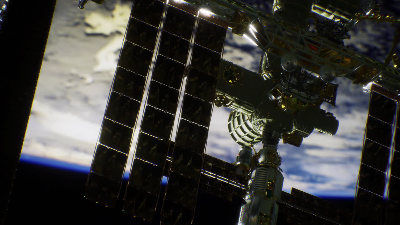 태양 패널과 거대한 대기권으로 지구를 도는 우주 정거장