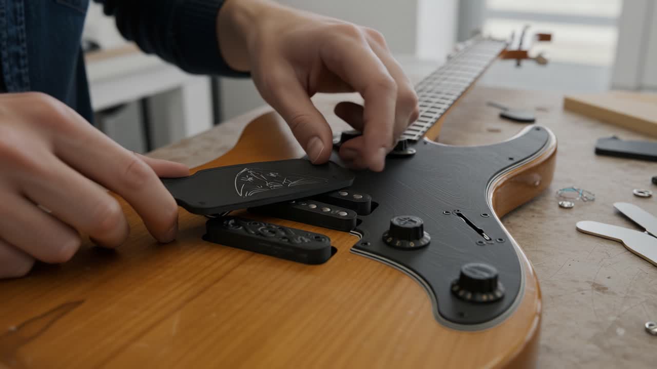 Careful Assembly of Guitar Components: A Close-Up Look at the Craftsmanship Behind Custom Guitar Modifications and Electronics Setup in a Workshop Environment