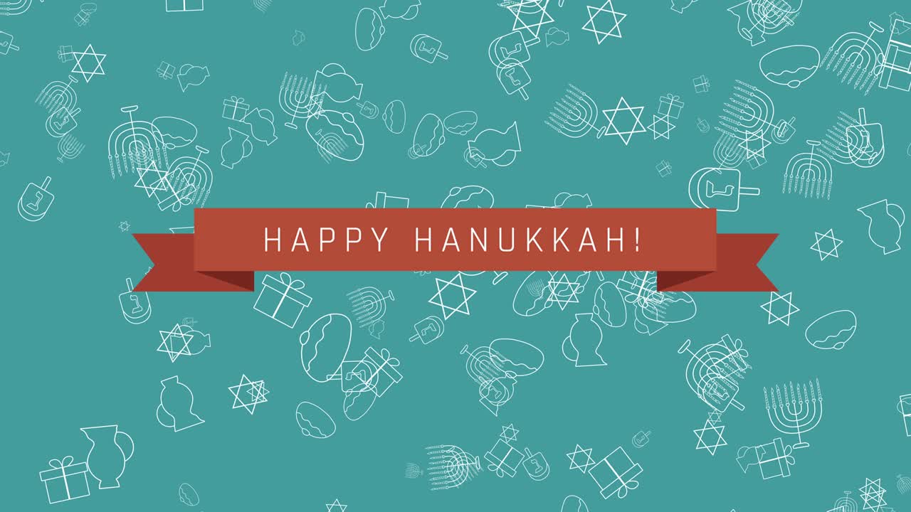 하누카 휴가 플래트 디자인 애니메이션 배경과 전통적인 기호와 영어 텍스트