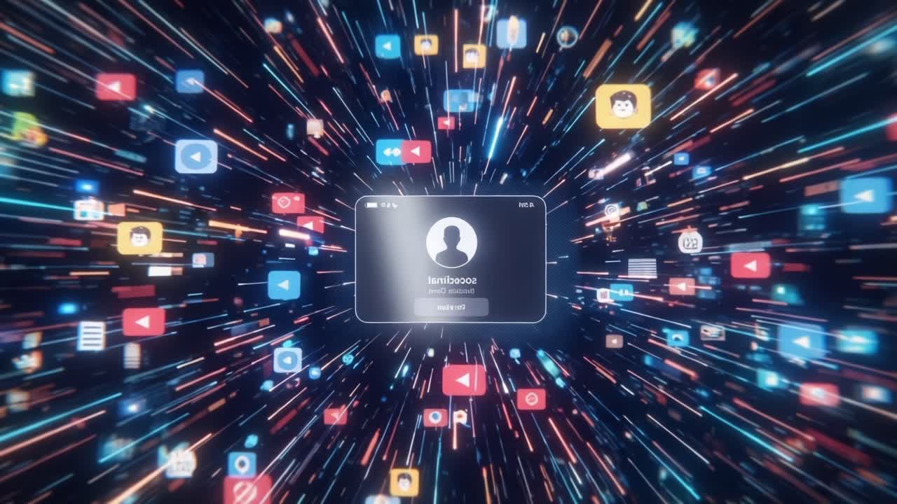 A Dynamic Burst of Digital Social Media Icons Surrounding a Profile Card with User Information in a Futuristic Digital Environment