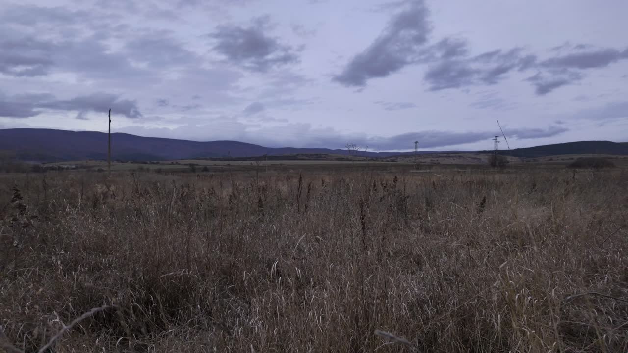 scatto di panoramica, con vista su un campo di raccolto in una sera di inverno secca e nuvolosa