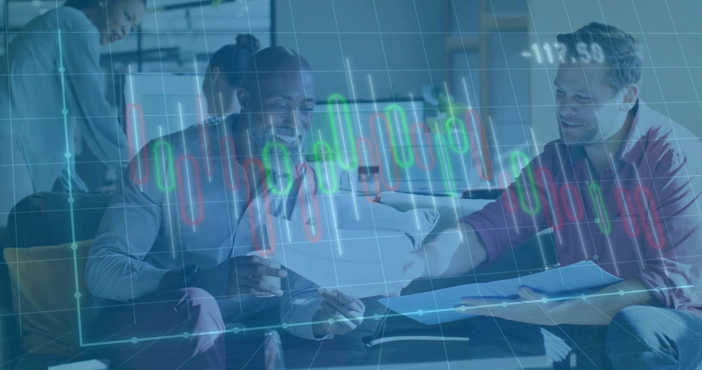 colleagues exchanging pen, paper upon chart updating pointing at laptop and analyzing finance spike