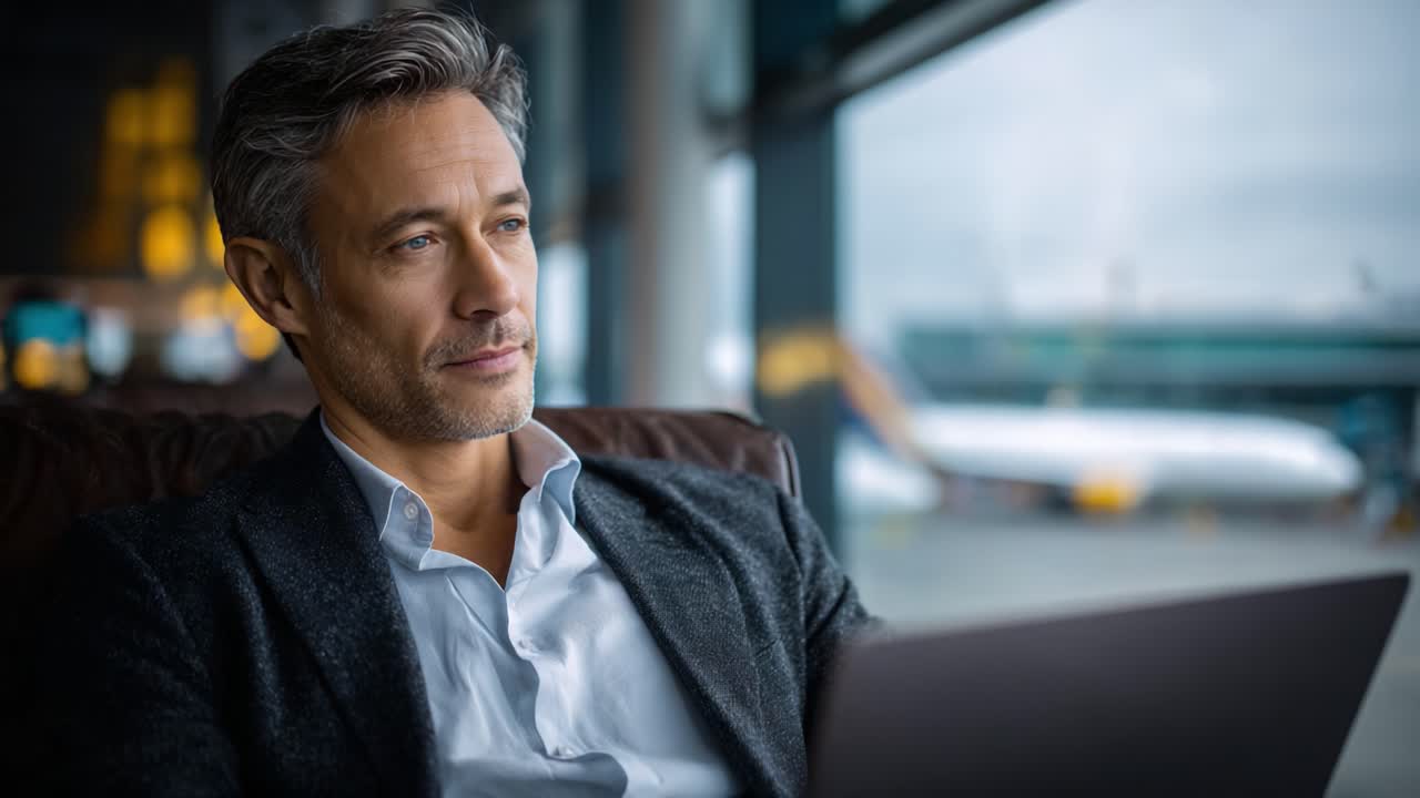 Contemplating Travel: A Thoughtful Man Stares Outdoors While Working on His Laptop in an Airport Lounge, Balancing Business with Anticipation of Journey