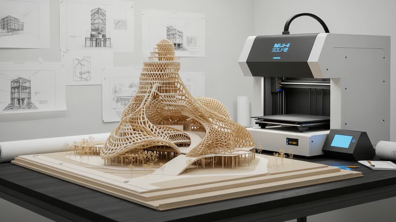 Intricate Architectural Model Showcasing Innovative Design Techniques Alongside Advanced 3D Printing Technology in a Modern Workshop Setting