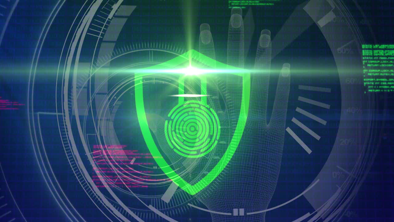 animación del candado de seguridad en línea con huellas dactilares biométricas, procesamiento de datos y escaneo de alcance