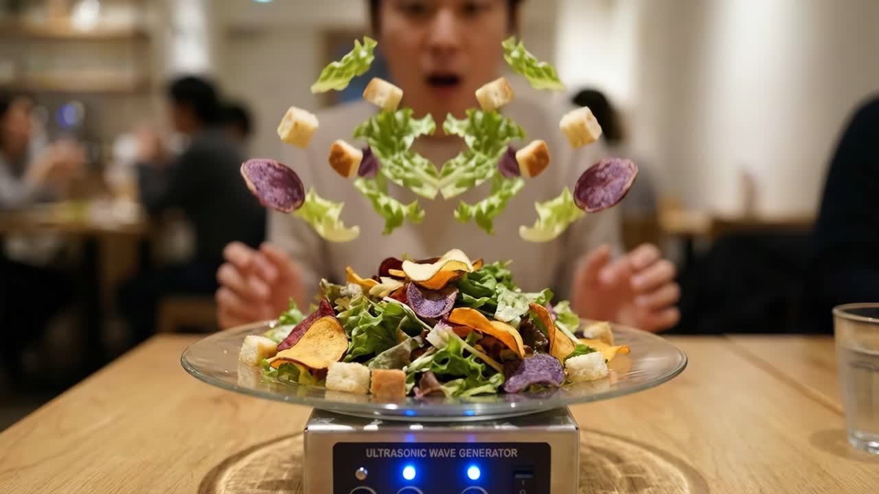 Hombre reacciona a una ensalada que levita en un restaurante