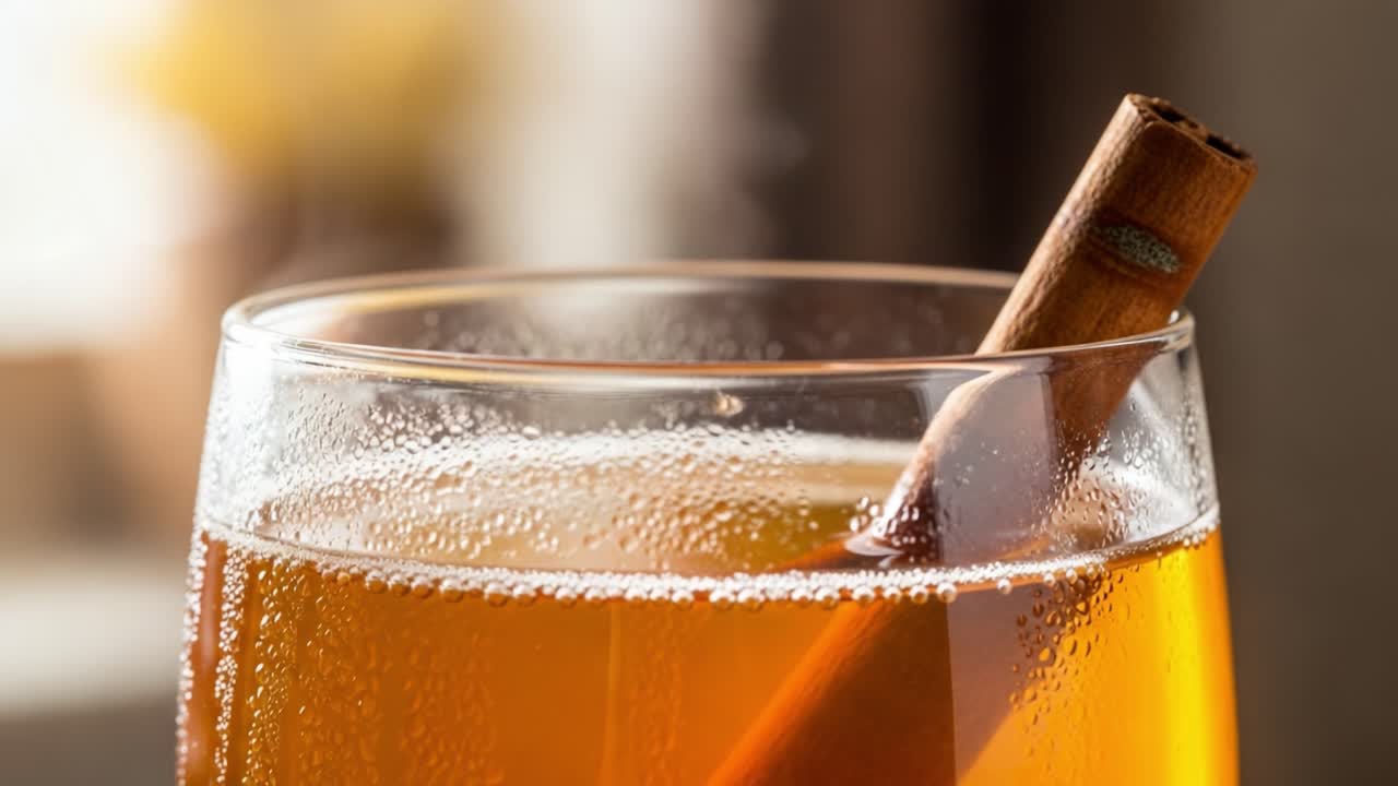 A Warm Beverage Delight: Aromatic Drink with a Cinnamon Stick Garnish, Showcasing Effervescent Bubbles and Inviting Steam in a Cozy Setting