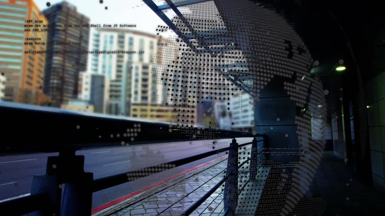 데이터 처리의 애니메이션과 도시 위의 지구