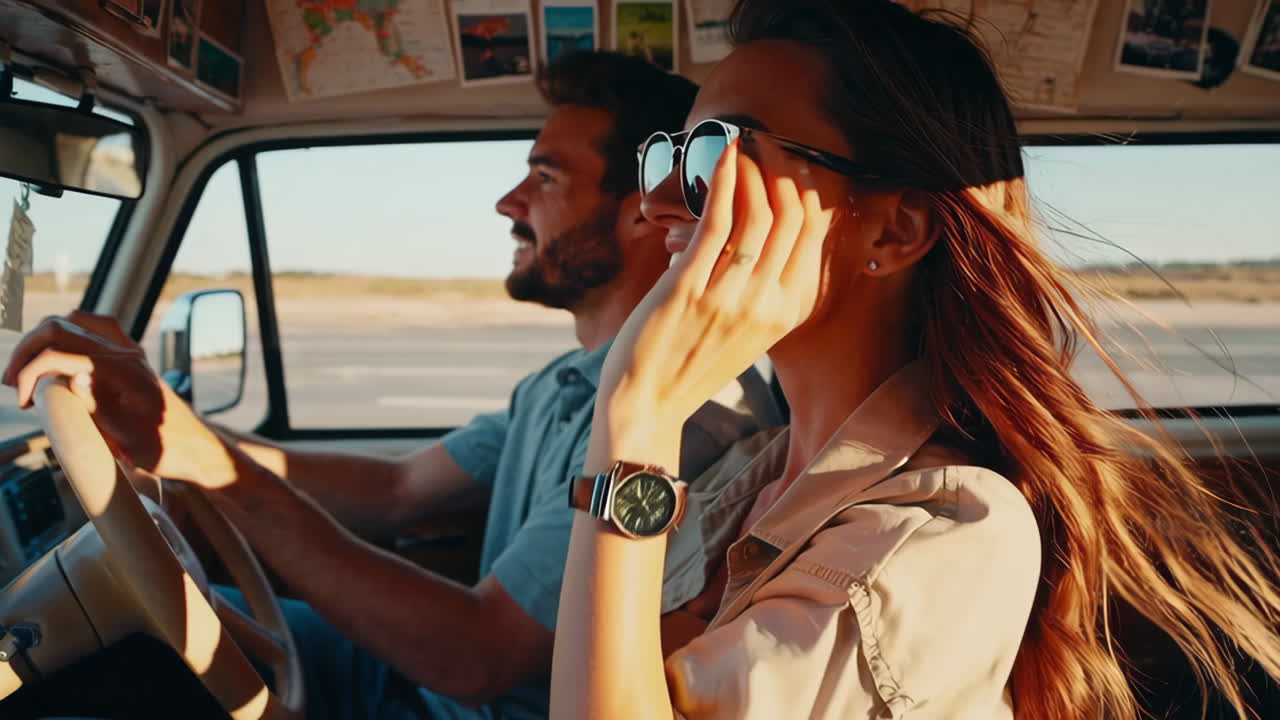 Happy couple on a road trip in a vintage car