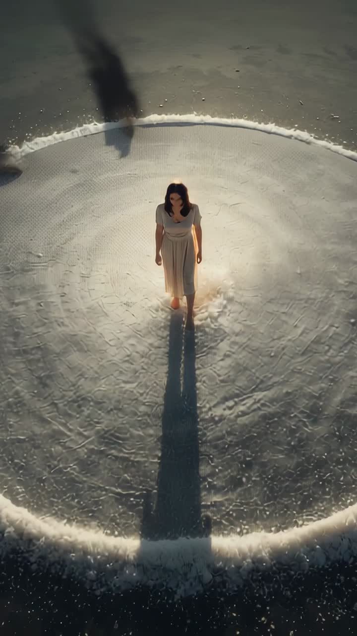 Video verticale: donna che cammina e reagisce alla luce del sole, attraversando un cerchio di schiuma sulla sabbia con un abito svolazzante