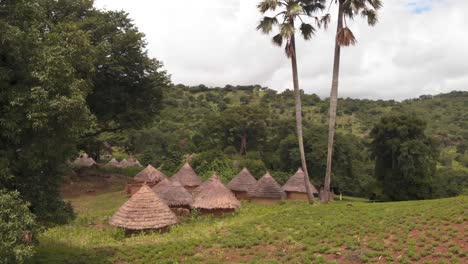 aerial view of small rustic houses in hidden african village, senegal, green landscape, cloudy, drone shot