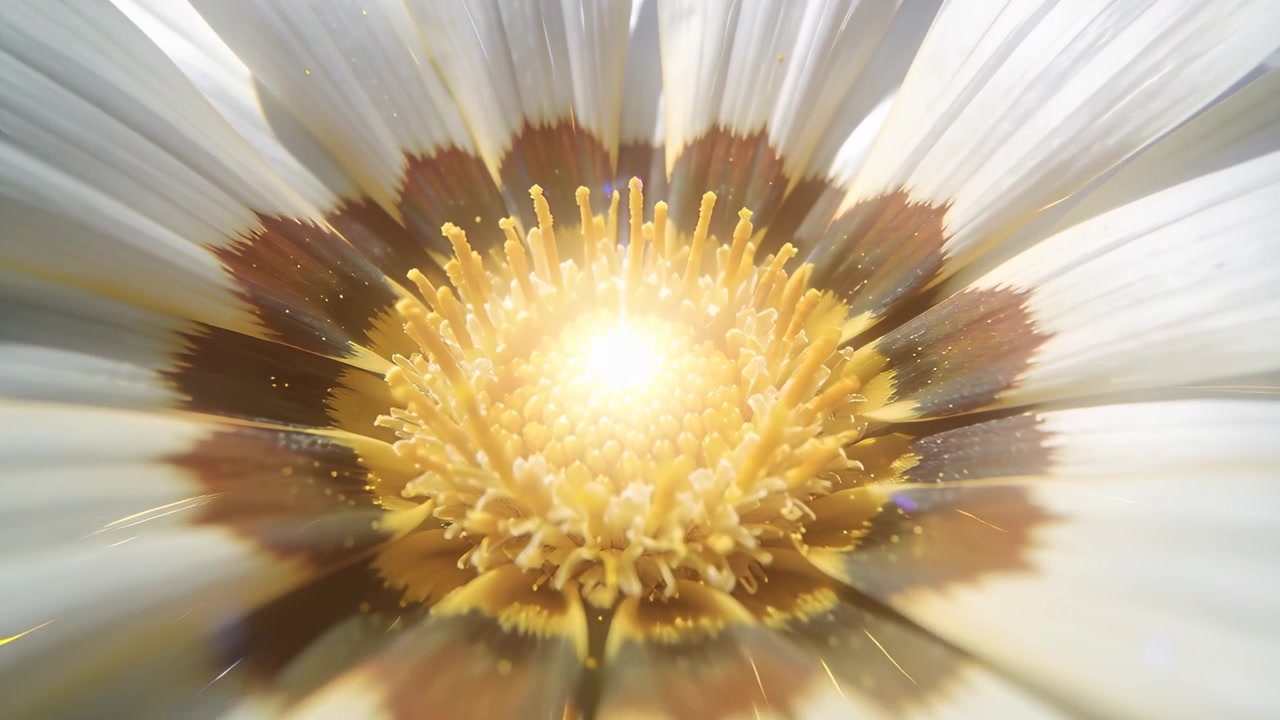 Approaching single daisy-like flower, camera moving closer in sunlit garden, showing pollen, flare