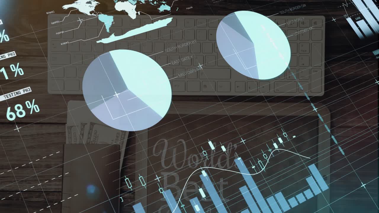 animación del procesamiento de datos financieros a través de teclado, tableta y billetes en el escritorio.