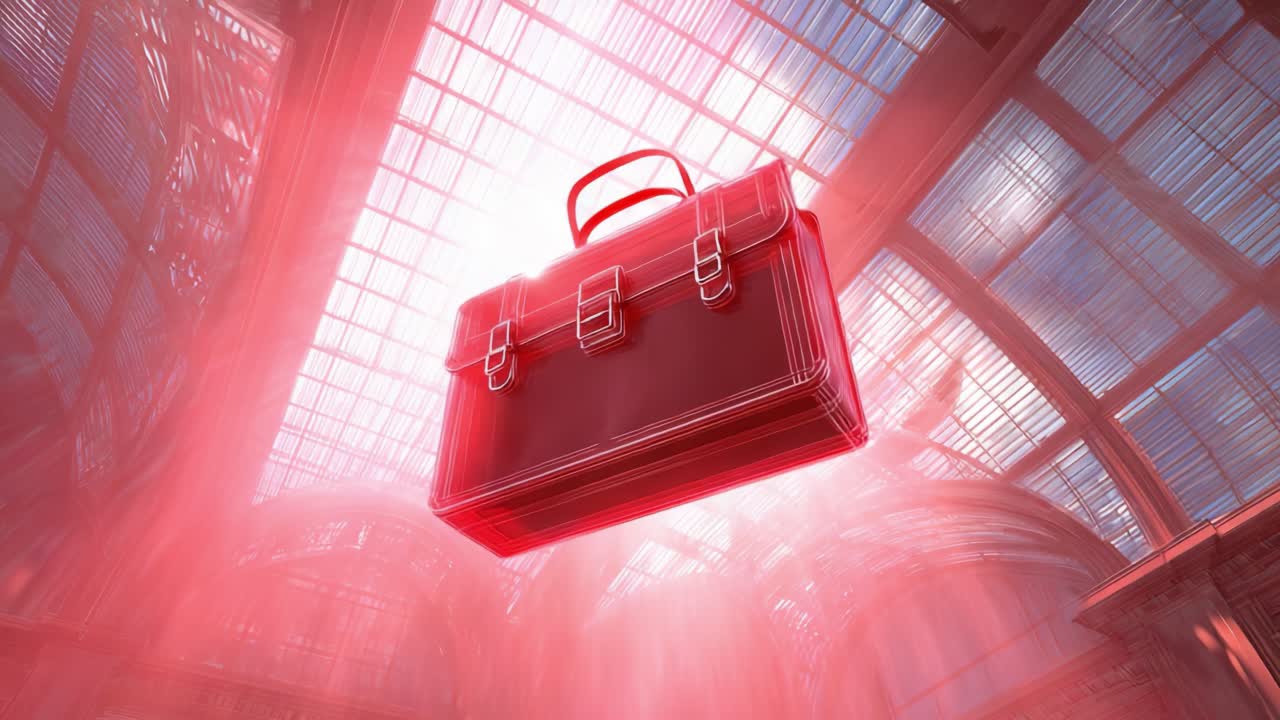 Red wireframe briefcase floats inside a grand train station illuminated by beams of light, evoking business travel, corporate opportunity, secrecy, and futuristic financial motion