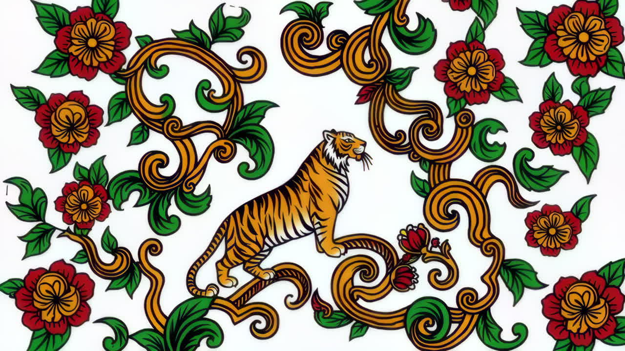 Ornate Tiger Illustration with Vibrant Floral Motifs