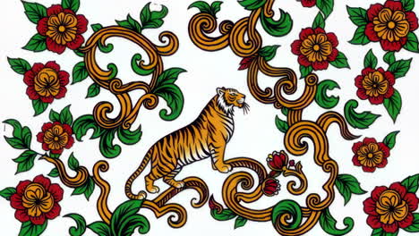 ornate tiger illustration with vibrant floral motifs