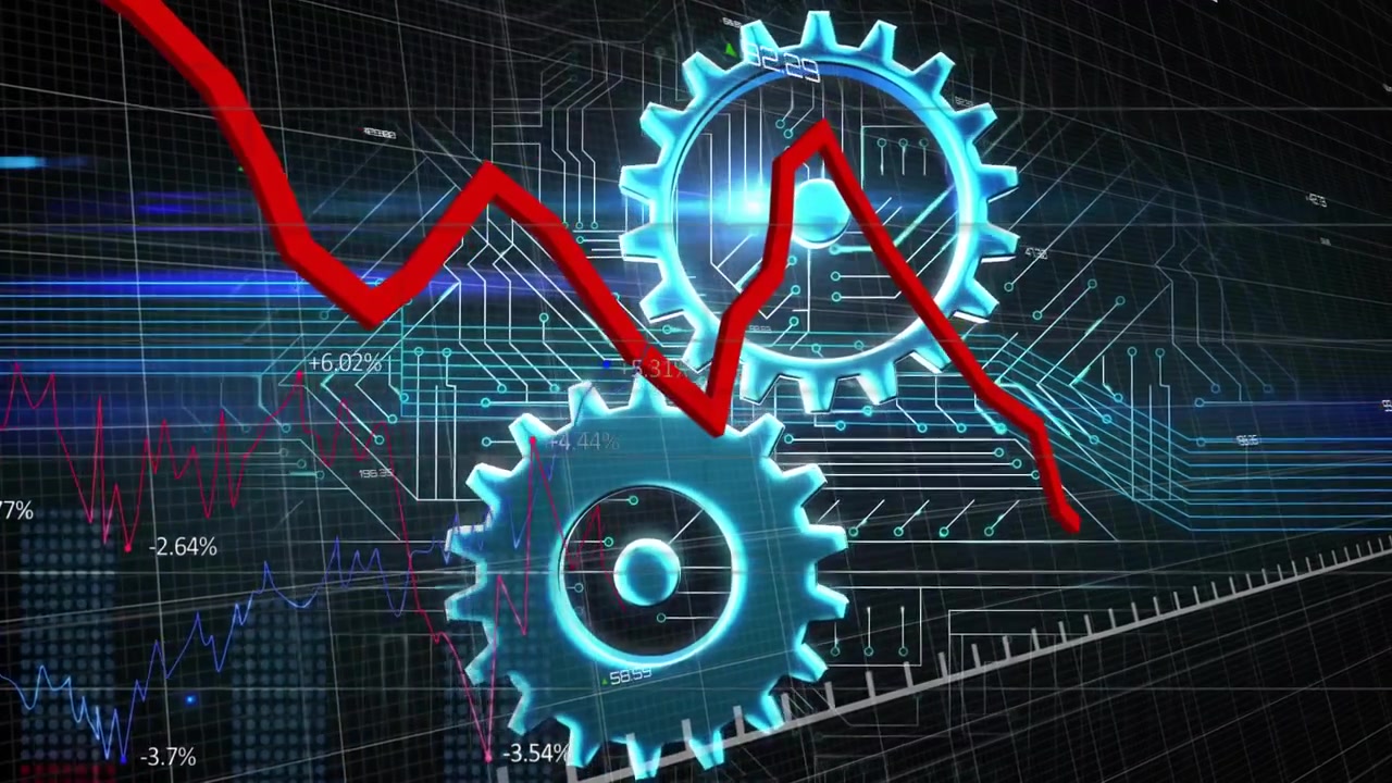 Digital Financial Market Downtrend with Rotating Gears and Circuit Board Background
