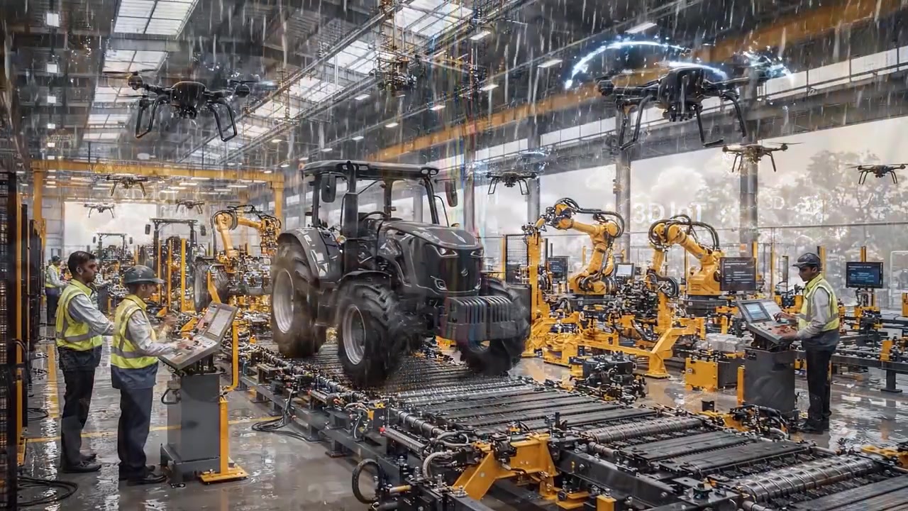 Automatiseret traktorfremstilling på en smart fabrik med robotteknologi og droner.