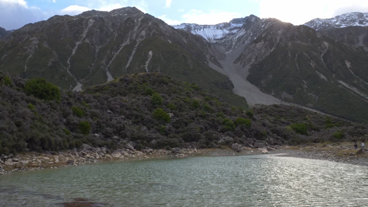Small Blue Lake - Mount Cook In South Island, New Zealand - Tilt Down Shot