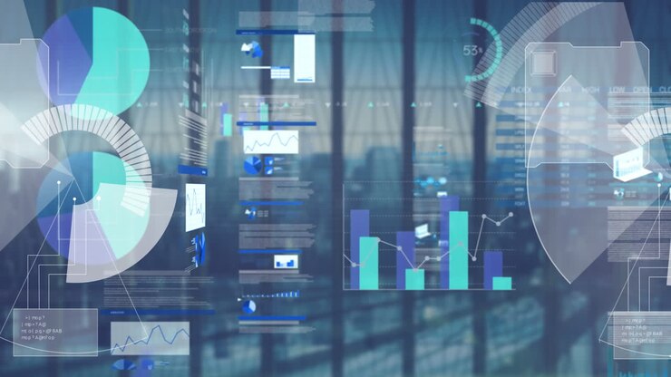 Digital composite video of statistical data processing against cityscape in background