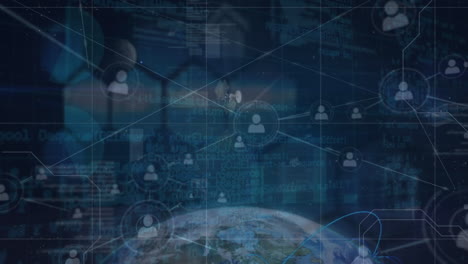 animation of network of connections with people icons over globe and data processing