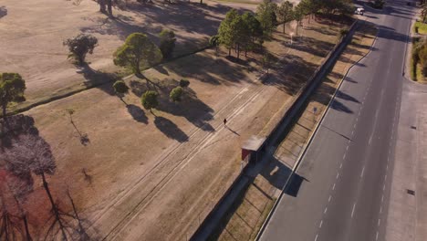 Vista-Aérea-De-Una-Mujer-Caminando-Al-Aire-Libre-En-El-Parque-De-La-Plata-Para-Hacer-Ejercicio-Y-Un-Estilo-De-Vida-Saludable,-Argentina