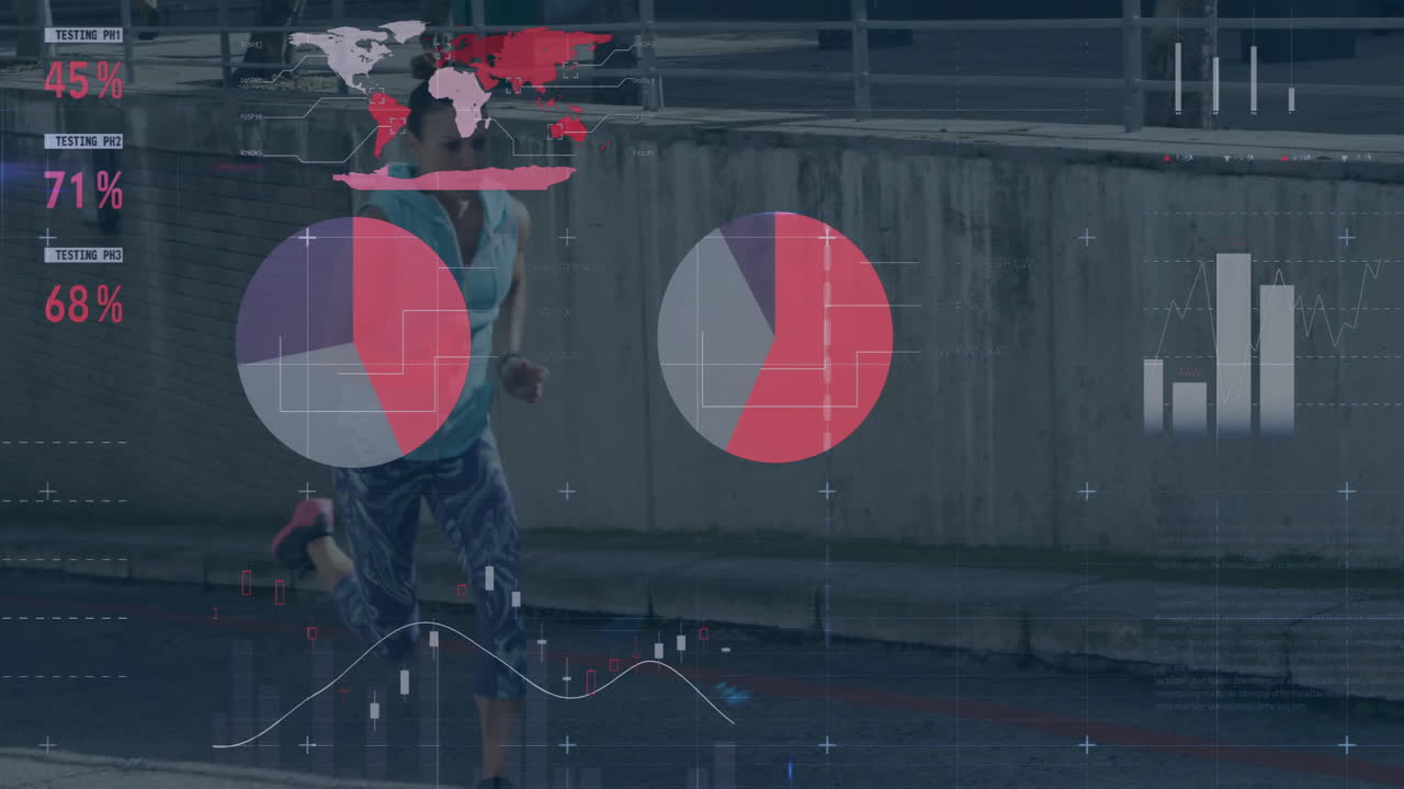 거리에서 달리는 백인 여성에 대한 금융 데이터 처리의 애니메이션