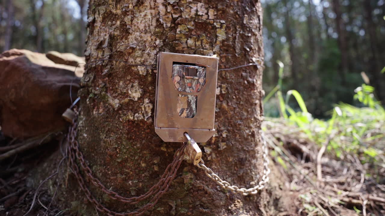 A close-up view of a camera trap attached to a tree in the forest. The camera is set up to monitor wildlife and aid in reforestation efforts, capturing valuable data.