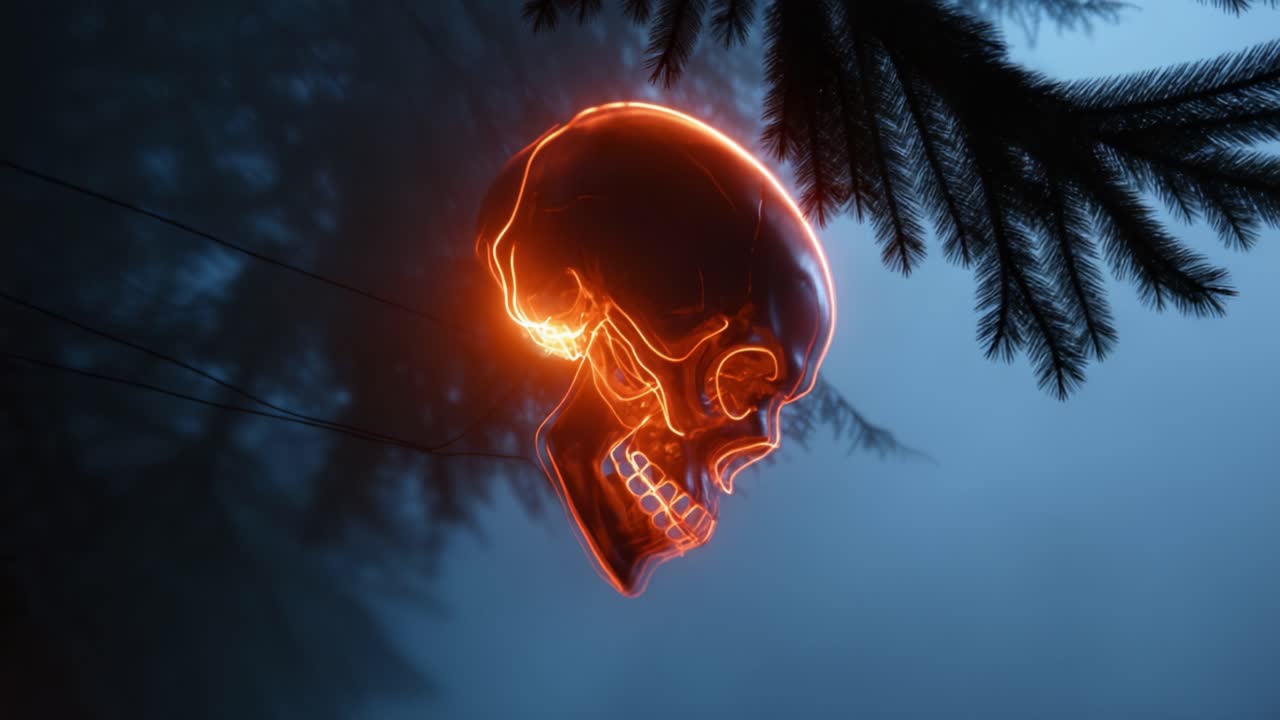 Ethereal Neon Skull Illuminated in Misty Forest, Capturing the Intricate Details of Its Structure Against a Dramatic Background of Fading Light and Shadows