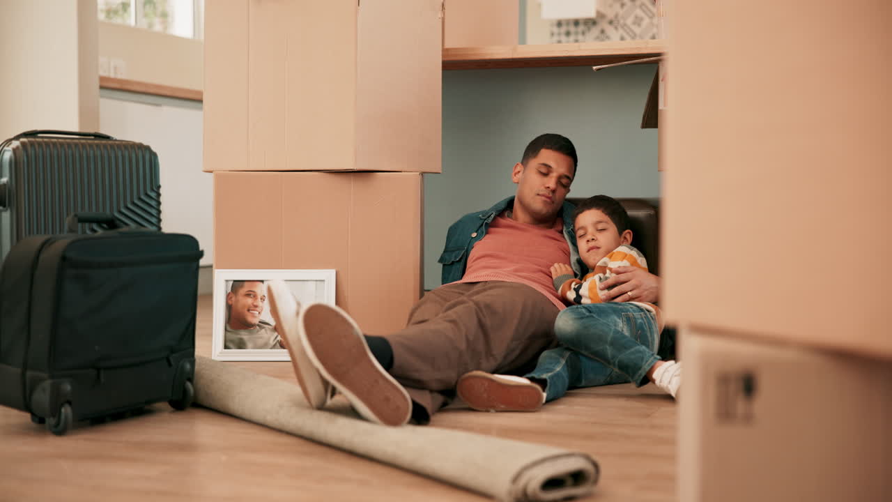 Tired family, real estate or home with boxes