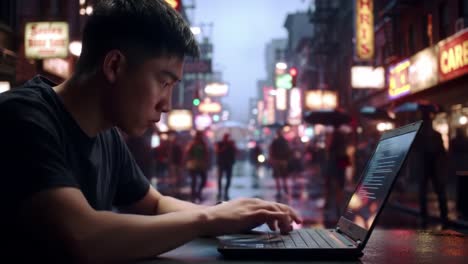 focused individual working on laptop in rainy urban setting with neon lights illuminating the background, capturing the essence of modern digital engagement