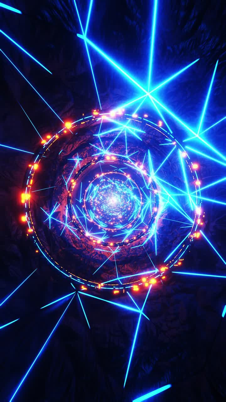 durch einen neontunnel mit ringen fliegen. vertikal-loop-video