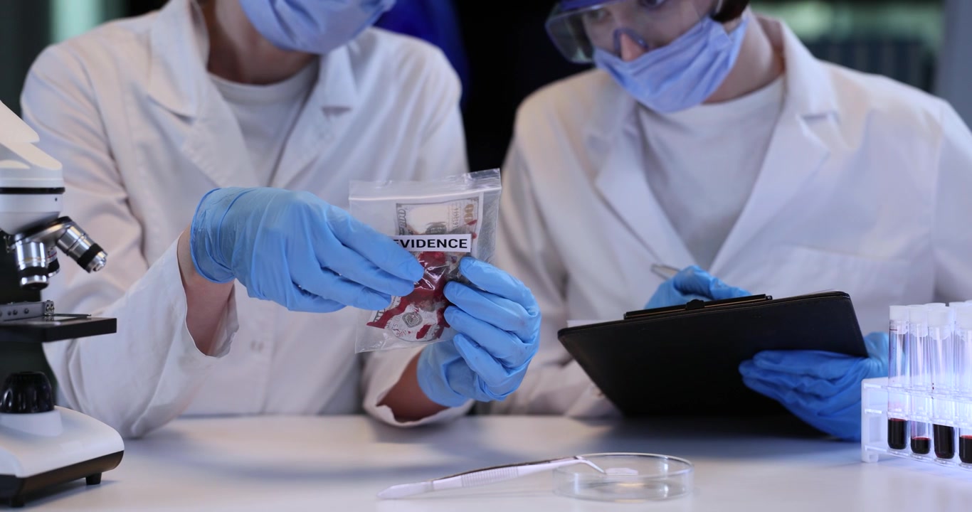 Women experts study dollar bill with red stains in plastic bag