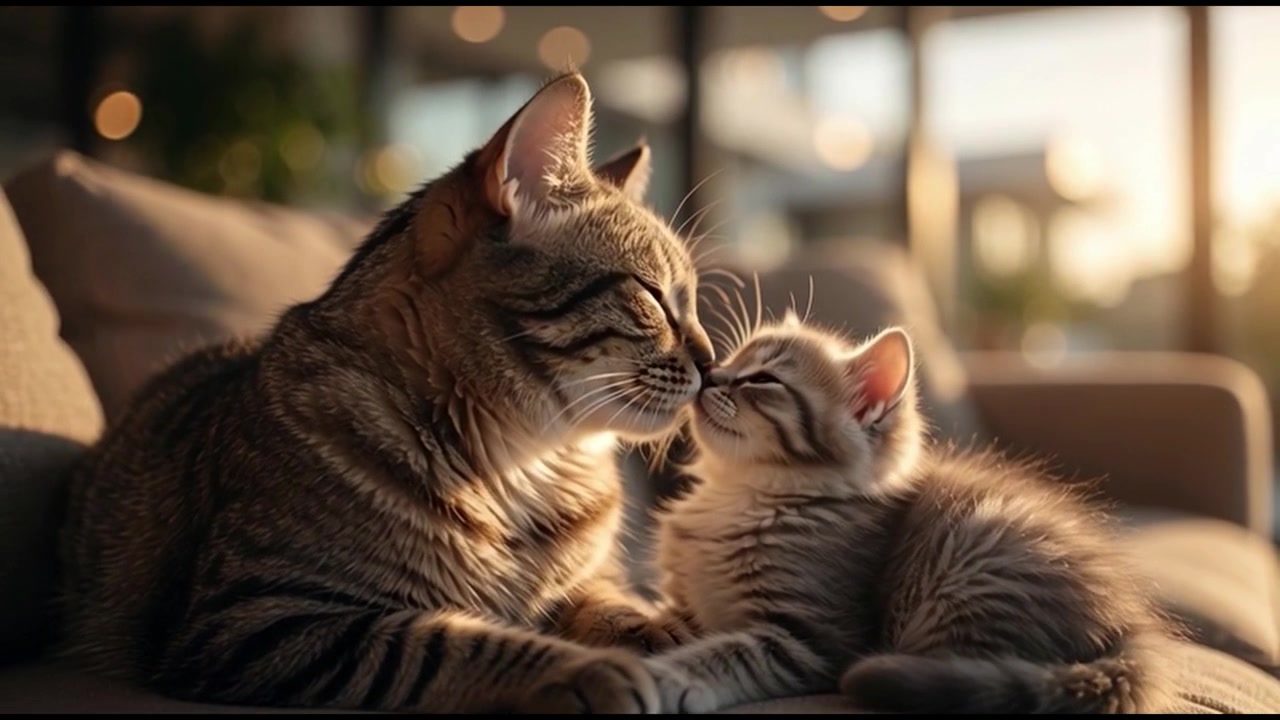 Mamma gatta che coccola il suo gattino su un divano