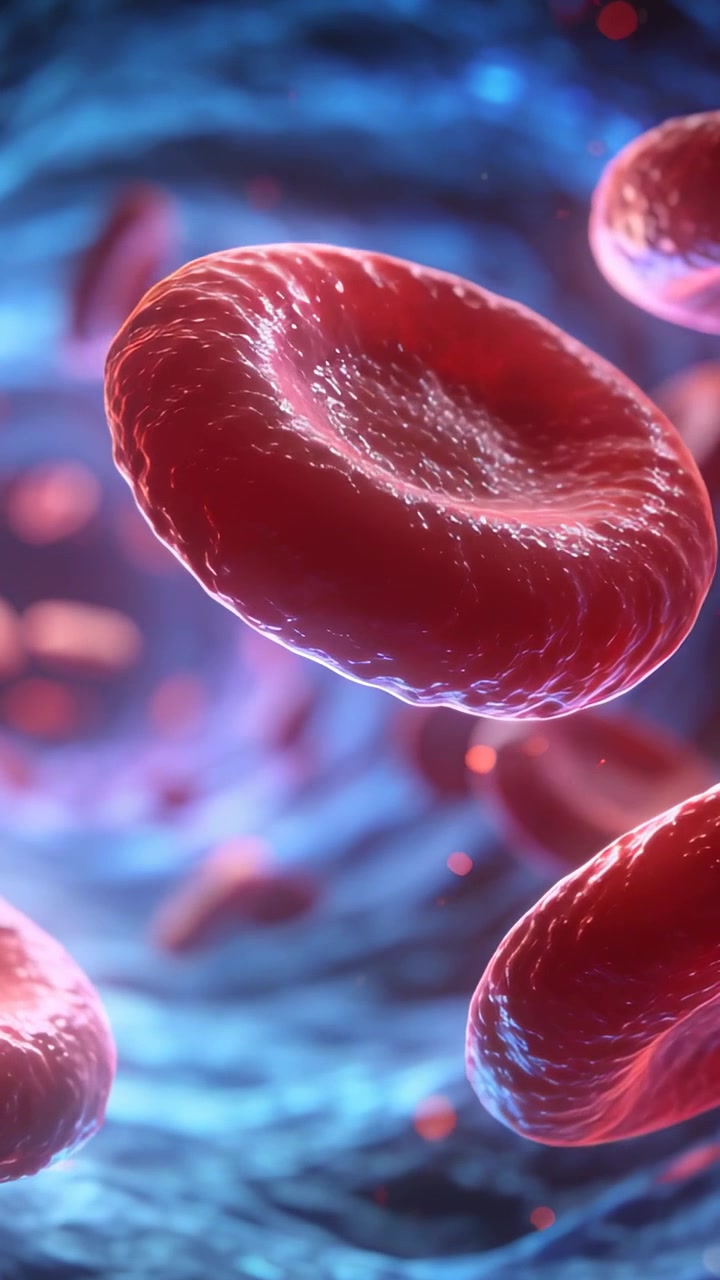 Vertical video: Flowing blood pushing large red cell rotating through blue vessel, with tiny specks