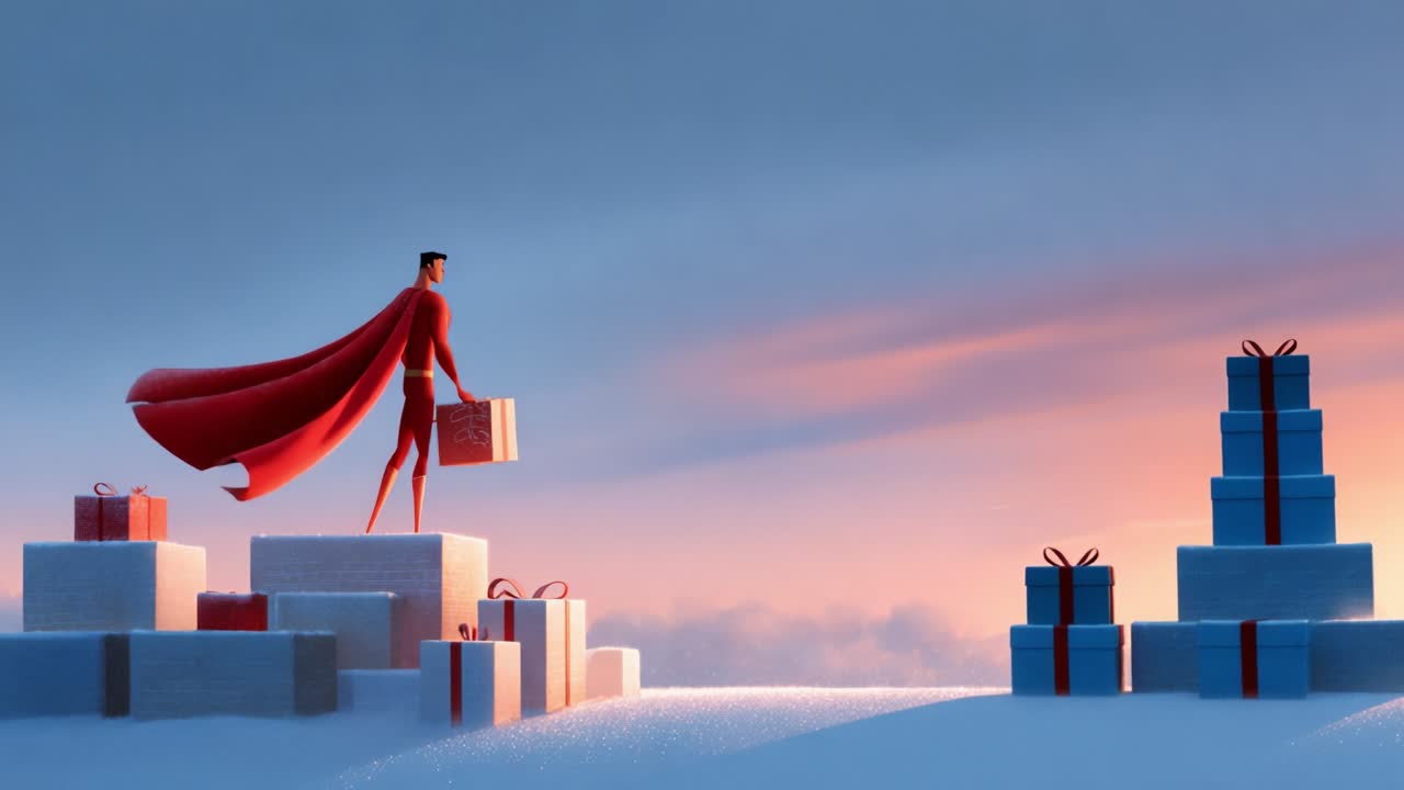 A heroic figure stands poised at a snowy landscape, holding a beautifully wrapped gift against the backdrop of a stunning sunset, surrounded by colorful presents on frosty blocks, embodying the spirit of giving