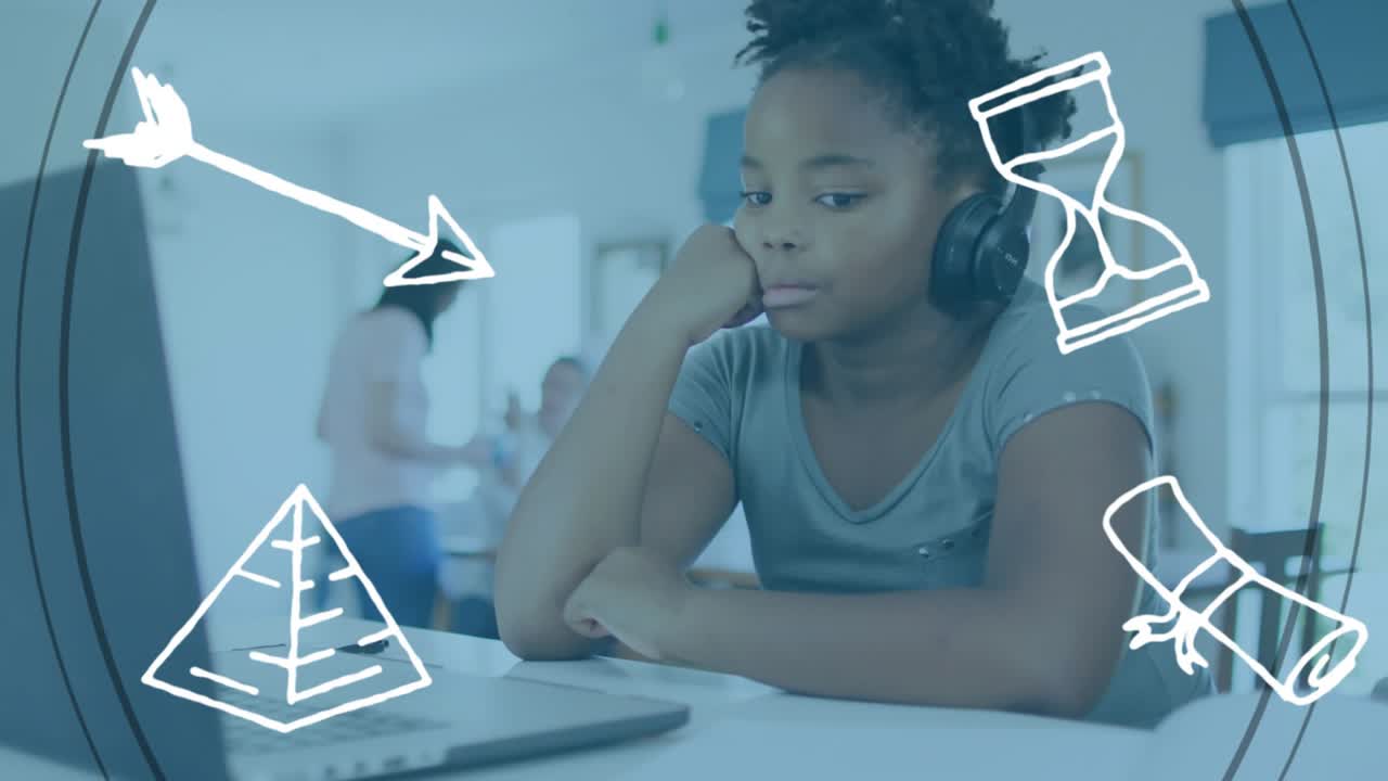 Girl studying laptop for learning causing doodles illustrating progress and time while mom cooking