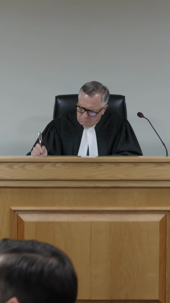 Video verticale: Firma di documenti, toga da giudice, colletto e penna in tribunale per un caso, con un uomo che passa attirando lo sguardo.