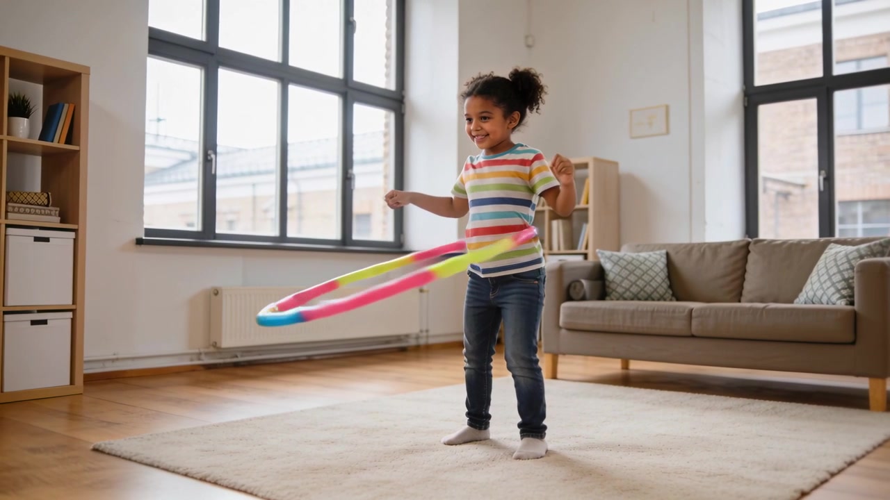 Spinning child keeping hula hoop rotating after push at home practicing balance in striped tee