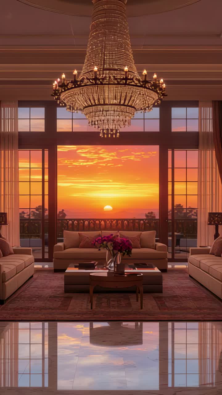 Vertical video: Sinking sun filling living room with warm glow, chandelier, sofas reflecting